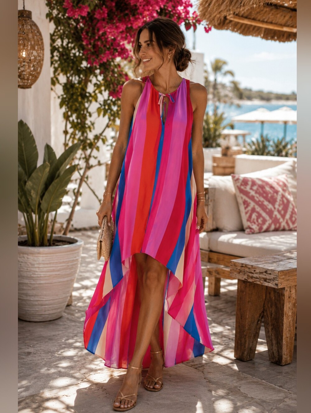 BUDDY LOVE Multicolor Striped Maxi Dress Hi Low Sleeveless Tie Neck MEDIUM